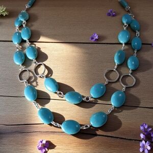 Turquoise Magnasite Necklace, Multi Strand Wrapped Wire Chain